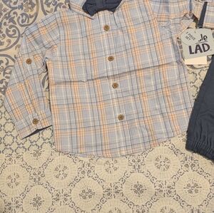 Little Lad Baby Boys Light Blue/Orange Plaid Shirt/Navy Jogger Pants/Bow Tie 18M